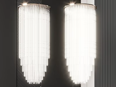 Elegant Pair Of Vertical Crystal Chandeliers With Transparent Glass Strands And Dark Striped Background 3d model