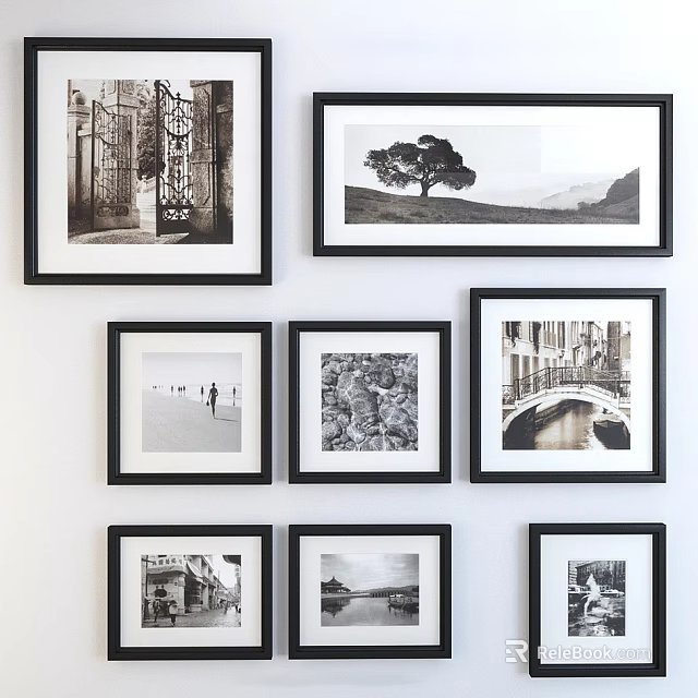 Interior Photo Wall With Multiple Black Framed Black White Photos Featuring Architecture Nature People 3d model 
