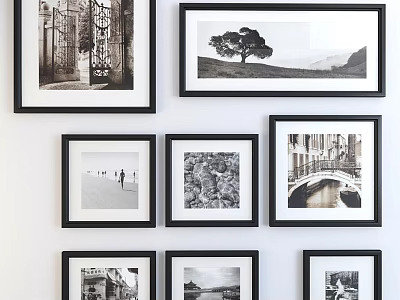 Interior Photo Wall With Multiple Black Framed Black White Photos Featuring Architecture Nature People 3d model