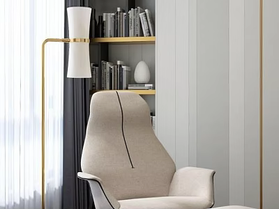 Beige Upholstered Accent Chair With Gold Floor Lamp Bookshelf And Striped Wall Decor 3d model