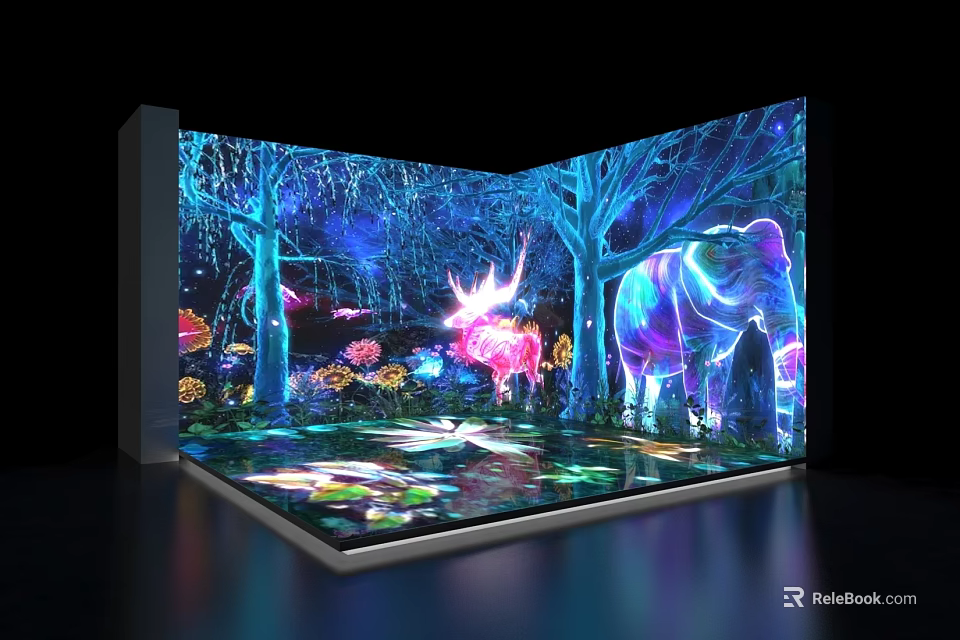 Vibrant Glowing Immersive Holographic Projection Scene With Animals Trees Flowers 3d model 