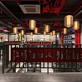 Traditional Chinese Hotpot Restaurant Interior Featuring Red Black Decor Lanterns And Calligraphy Art
