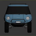 Blue Retro Styled Compact Van With Roof Rack Off Road Tires And Round Headlights