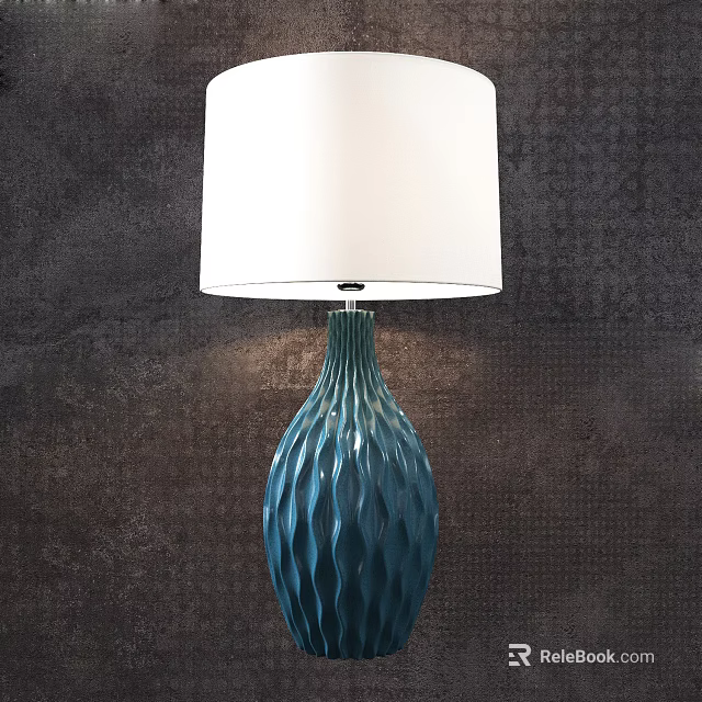 Blue Wavy Base Table Lamp With White Lampshade On Dark Textured Wall 3d model 