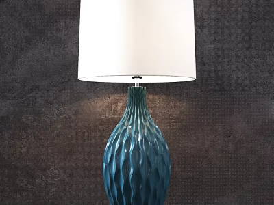 Blue Wavy Base Table Lamp With White Lampshade On Dark Textured Wall 3d model
