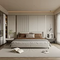 Modern Bedroom Interior With King Bed Brown Grey Pillows Large Window View And Green Plant