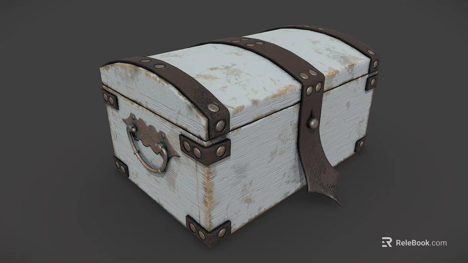 Vintage White Wooden Chest With Leather Straps And Metal Buckles 3d model 