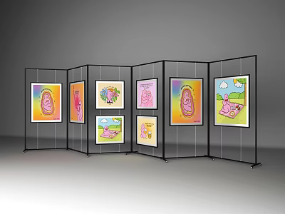 Colorful Multiple Children's Paintings On Black Screen Display With Pink Cartoon Characters 3d model