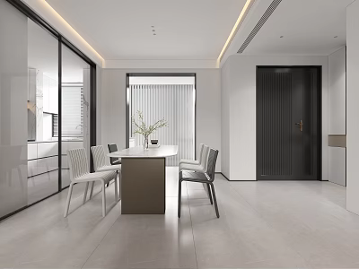 Minimalist Restaurant Interior Design With Round Dining Table Grey Chairs And Pendant Lights 3d model
