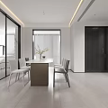 Minimalist Restaurant Interior Design With Round Dining Table Grey Chairs And Pendant Lights