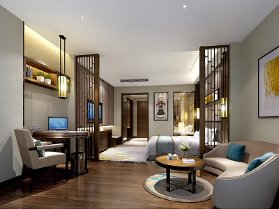 Modern Hotel Guest Room Interior With Wooden Flooring Sofa Bed Decorative Partition And Pendant Light 3d model