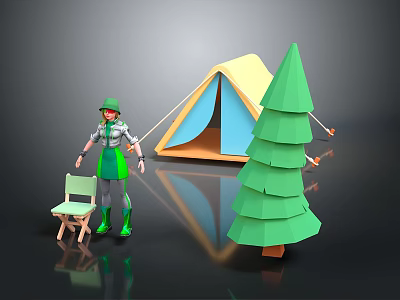Yellow and Blue Camping Tent with Green Tree Wooden Chair and Character 3d model