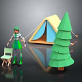 Yellow and Blue Camping Tent with Green Tree Wooden Chair and Character