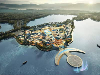 Aerial View Planning of Lake Island With Traditional Modern Buildings Mountain Landscape and Circular Bridge 3d model