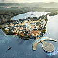 Aerial View Planning of Lake Island With Traditional Modern Buildings Mountain Landscape and Circular Bridge