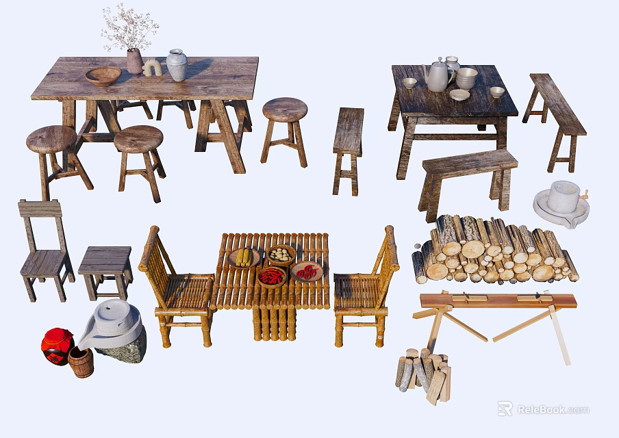 Rustic Wooden Table Chair Sets With Bamboo Furniture And Natural Decorations 3d model 