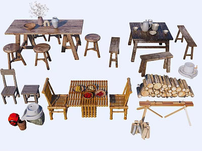 Rustic Wooden Table Chair Sets With Bamboo Furniture And Natural Decorations 3d model