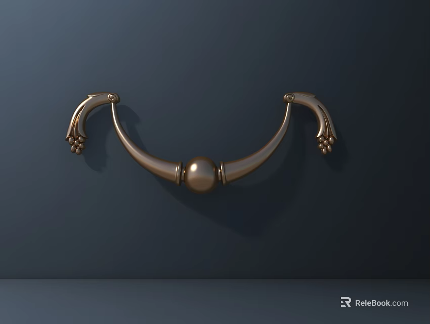 Golden Door Handle With Curved Design Central Ball Detail And Ornate Ends On Dark Background 3d model 