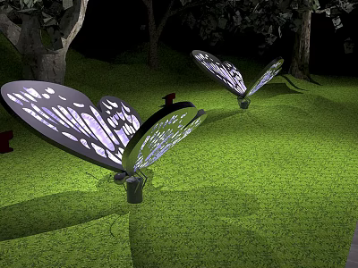 Illuminated Butterfly Shaped Outdoor Lights with Intricate Patterns in Garden Grass 3d model