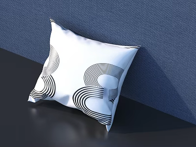 Decorative White Pillow with Abstract Black Curved Patterns on Blue Wall and Dark Surface 3d model
