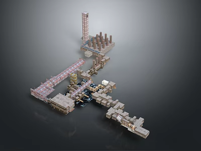 Industrial Facility Structure With Tower Pipes Platforms And Metal Components 3d model