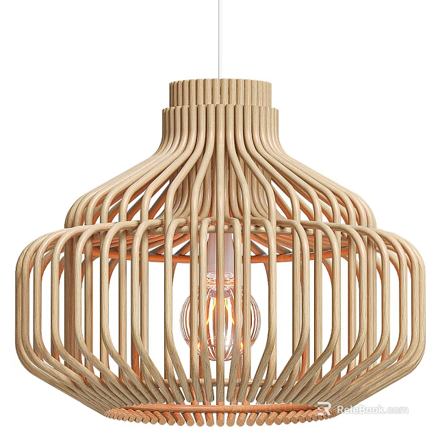 Modern Wooden Chandelier With Slatted Cage Design And Warm Light Bulb 3d model 