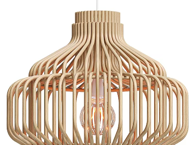 Modern Wooden Chandelier With Slatted Cage Design And Warm Light Bulb 3d model