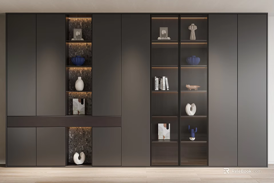 Modern Dark Tone Decorative Cabinet With Open Shelves Stylish Storage And Decor Items 3d model 