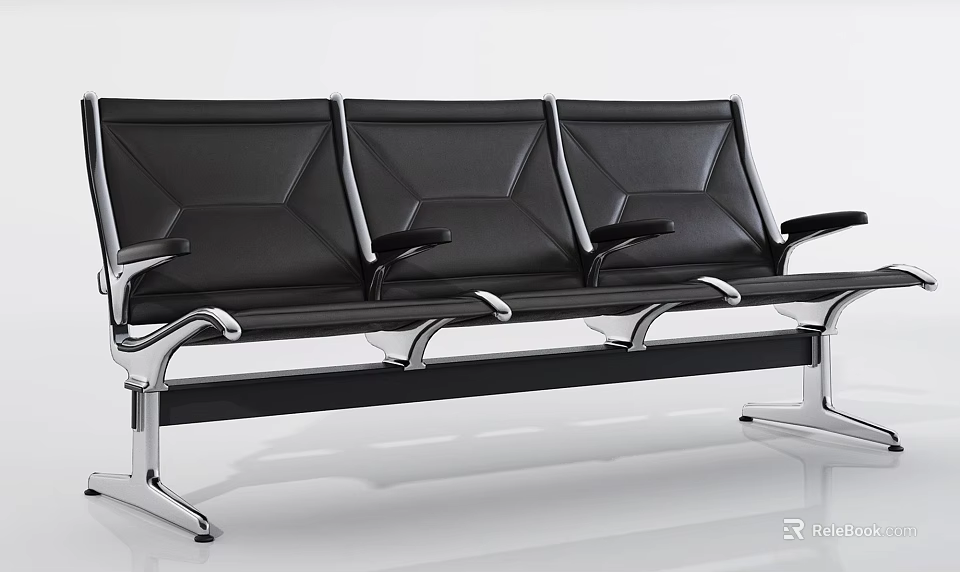 Modern Black Public Seating with Three Seats Metal Frame and Leather Upholstery 3d model 
