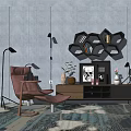 Modern Living Room TV Stand With Hexagonal Wall Shelf Decorative Items Floor Lamp And Armchair