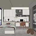 Modern Tatami Bedroom Interior With Tatami Bed Desk Storage Cabinets And Decorative Plants
