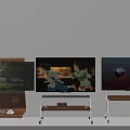 Three TVs Displaying Movie Poster Animated Scene And Earth Visualization On Wooden Metal Stands