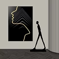 Abstract Painting With Yellow Line Side Profile And Black Sculpture In Modern Interior