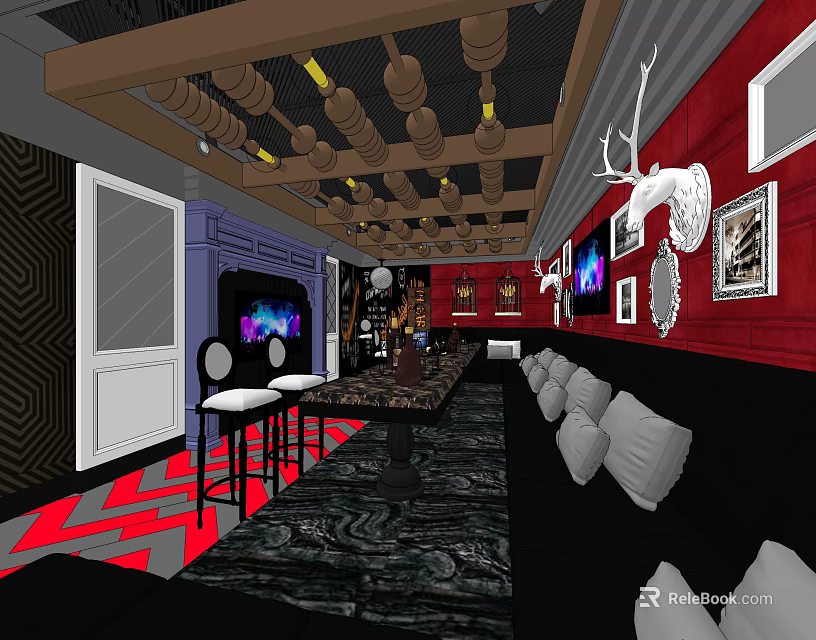 KTV Interior Design With Red Walls Black Sofas TV Screens And Decorative Paintings 3d model 