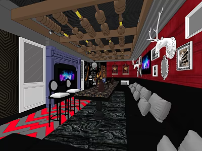 KTV Interior Design With Red Walls Black Sofas TV Screens And Decorative Paintings 3d model