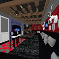KTV Interior Design With Red Walls Black Sofas TV Screens And Decorative Paintings