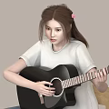 A Woman sitting on wooden chair playing acoustic guitar wearing white T-shirt and blue jeans