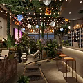 Cozy Restaurant Interior With Globe Lights String Lights Lush Green Plants And Wooden Seating