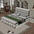 Elegant Bedroom Interior With White Tufted Bed Green Bedspread And Floral Decorative Screens