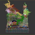 Cartoon Scene With Lighthouse Red Roof Cottage Cliff Trees Pier And Boat On Water