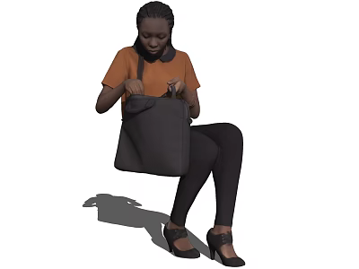Woman In Orange Shirt Organizing Black Handbag While Sitting In Heels 3d model