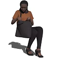 Woman In Orange Shirt Organizing Black Handbag While Sitting In Heels