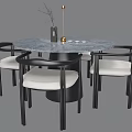 Modern Round Marble Tabletop Dining Table Set With Black Frame And White Upholstered Four Chairs 3d model