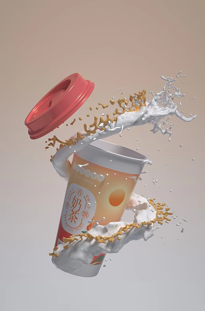 Milk Tea Cup With Open Red Lid Splashing Milk And Golden Liquid Orange Graphic 3d model Milk Tea Cup With Open Red Lid Splashing Milk And Golden Liquid Orange Graphic 3d model