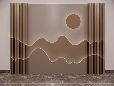 Stylish Contemporary Background Wall With Wavy Patterns Circular Accent And Illuminated Wooden Slats 3d model