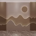 Stylish Contemporary Background Wall With Wavy Patterns Circular Accent And Illuminated Wooden Slats