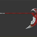 Red and Silver Scythe Weapon with Long Handle and Circular Red Accents