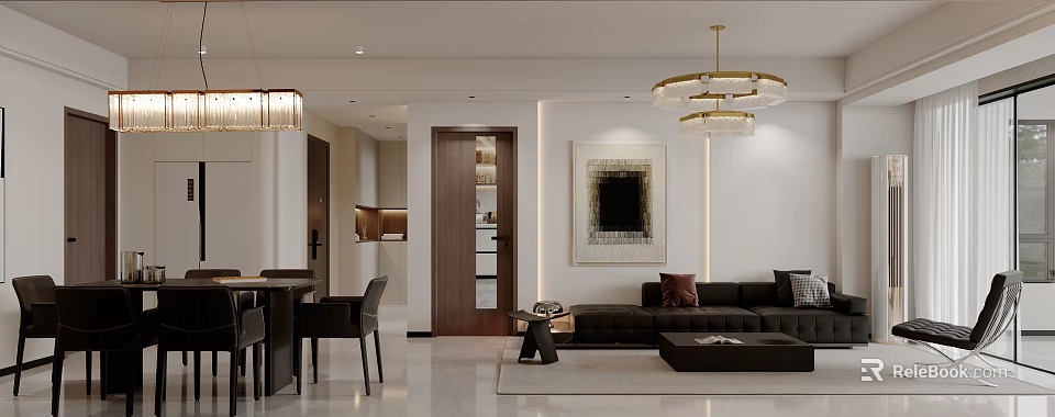 Modern Dining and Living Room Interior With Chandelier Sofa And Artwork 3d model 