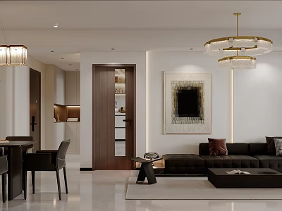 Modern Dining and Living Room Interior With Chandelier Sofa And Artwork 3d model