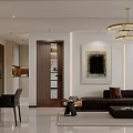 Modern Dining and Living Room Interior With Chandelier Sofa And Artwork